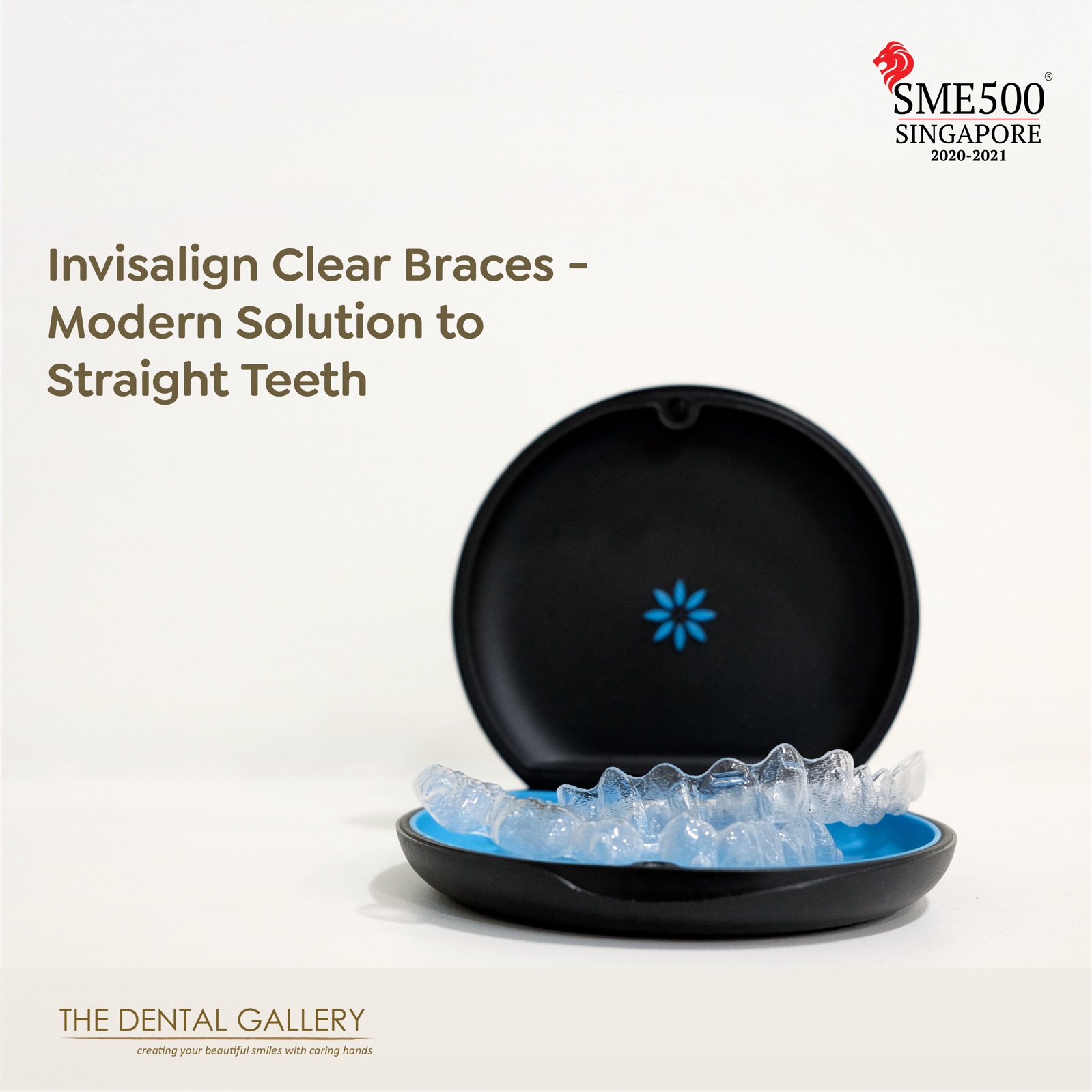 Invisalign clear aligners in their case, with the words "Invisalign Clear Braces – Modern Solution to Straight Teeth"